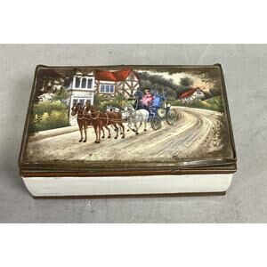 Antique Hand Painted Ceramic Jewelry Box With Enamel Top - Czechoslovakia